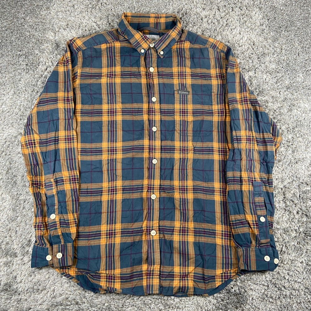 Columbia Rapid Rivers II Mens M Blue Orange Plaid Long Sleeve Shirt Stretch - Picture 2 of 11